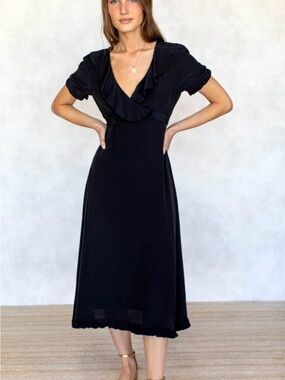 Emerson Fry Black Ruffle V-Neck Wrap Style Abella Long Lined Made in USA Dress